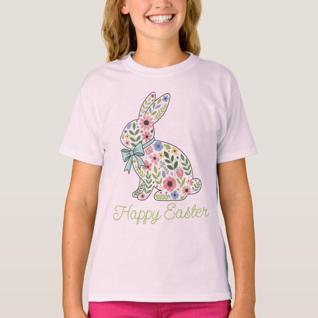 Camiseta Conejo de Pascua de flores silvestres rosadas y az (Anverso)