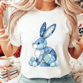 Camiseta Conejo de Pascua de patchwork azul con cuadros flo