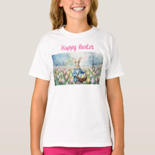 Camiseta Conejo de Pascua en un prado de tulipanes