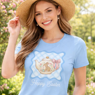 Camiseta Conejo de Pascua Feliz Tetera Gingham 