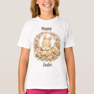 Camiseta Conejo de Pascua Feliz Vintage Corona Floral