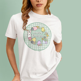 Camiseta Conejo de Pascua Huevos Pollito Gingham Verde Feli