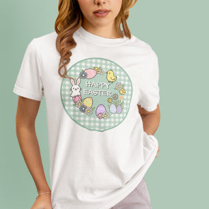 Camiseta Conejo de Pascua Huevos Pollito Gingham Verde Feli