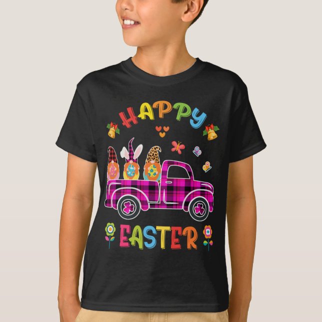Camiseta Conejo de tres Gnomes con huevo Feliz Día de Pascu (Anverso)