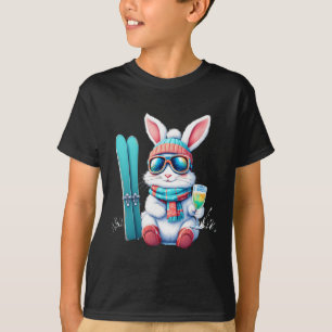 Camiseta Conejo esquiando con gafas, bufanda, sombrero y br