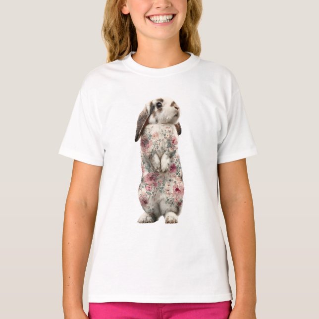 Camiseta Conejo Infantil de Pie con Patrón Floral (Anverso)