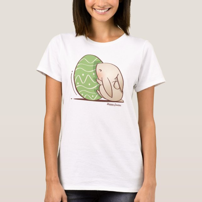 Camiseta Conejo lindo empujando Huevo verde de Pascua (Anverso)