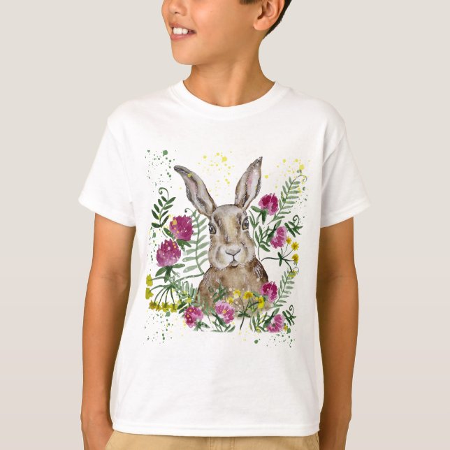 Camiseta Conejo lindo en flores acuarelas (Anverso)