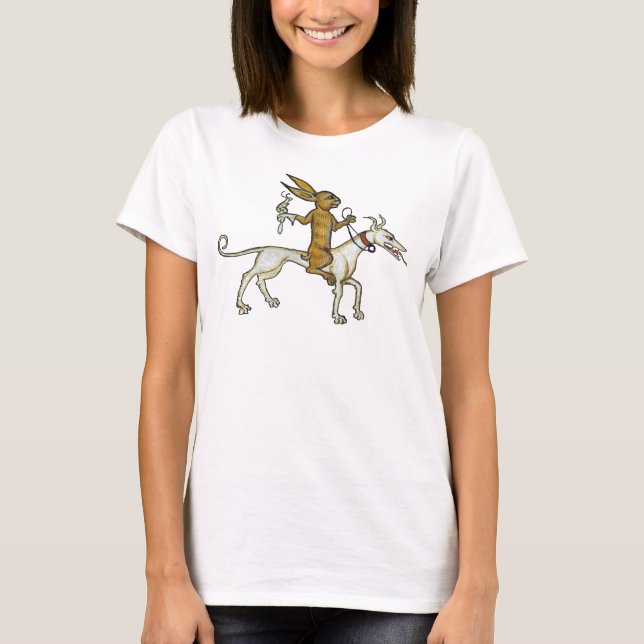 Camiseta Conejo medieval montando perro y sosteniendo carac (Anverso)