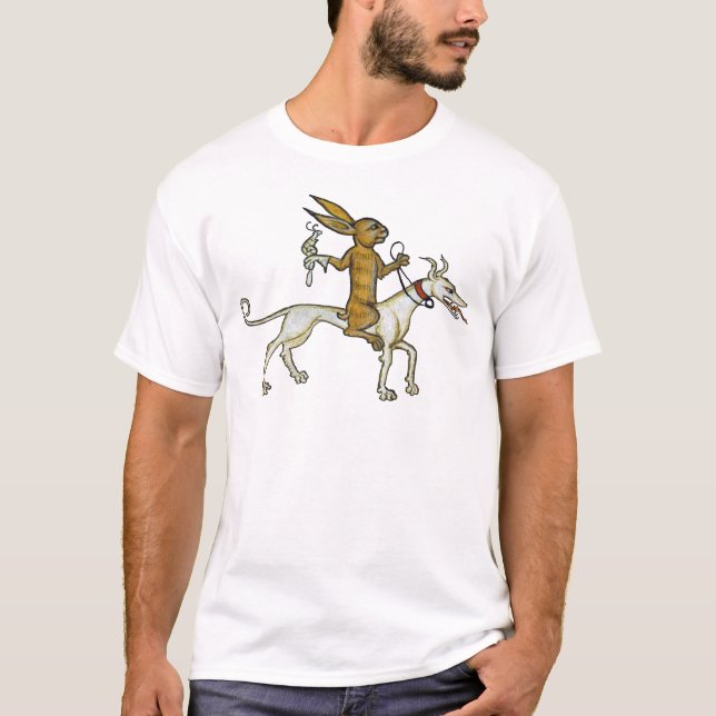 Camiseta Conejo medieval montando perro y sosteniendo carac (Anverso)