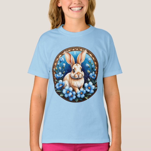 Camiseta Conejo rodeado de flores azules (Anverso)