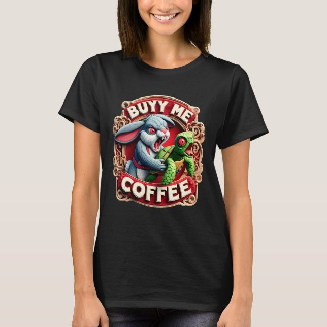 Camiseta Conejo y tortuga: Cómprame café (Anverso)