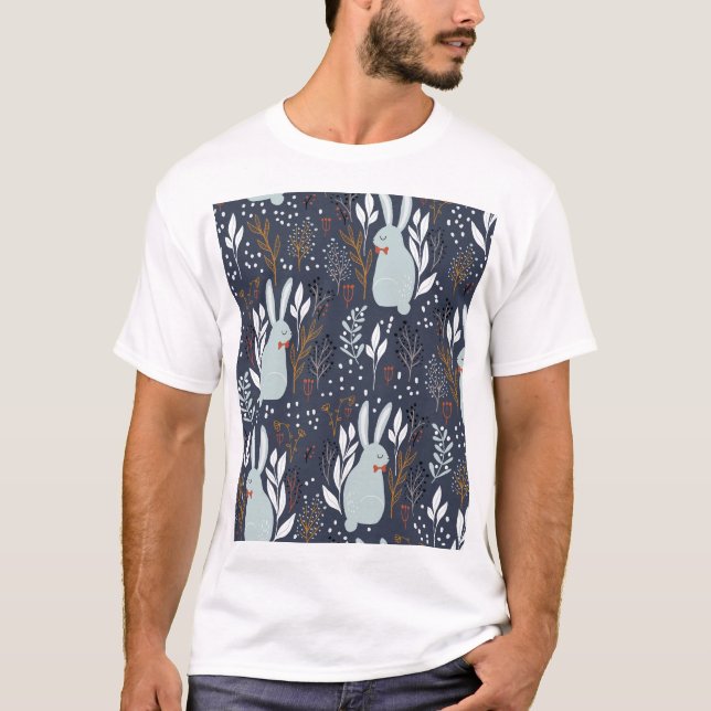 Camiseta Conejos Adorables: Patrón de bosques sin foco (Anverso)