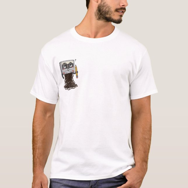 Camiseta Confused Cartoon Cassette Tape Holding Pencil (Anverso)