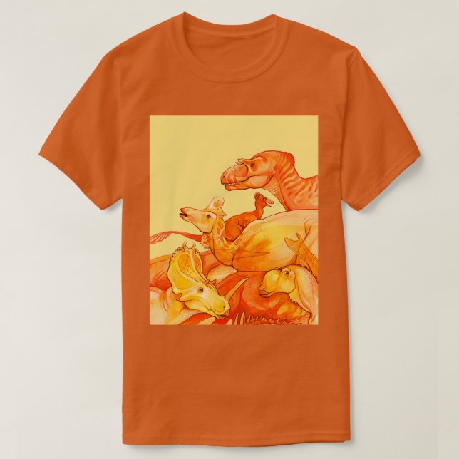 Camiseta congregación cretácica naranja amp amarillo dinosa (Diseño del anverso)