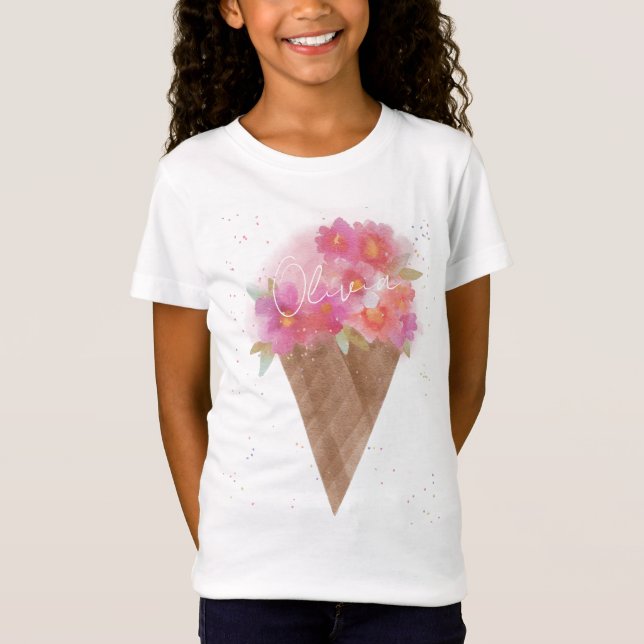 Camiseta Cono de crema de hielo floral acuático con nombre (Anverso)
