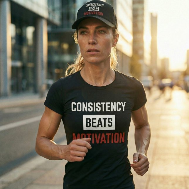 Camiseta Consistency Beats Motivation Gym Workout T-Shirt (Consistency beats motivation. Show up anyway.)