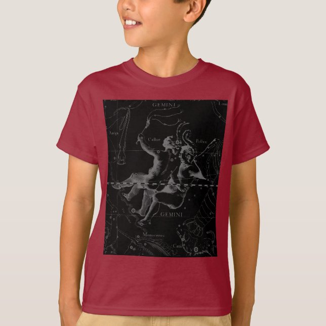 Camiseta Constelación de Gemini Hevelius 1690 sobre negro (Anverso)