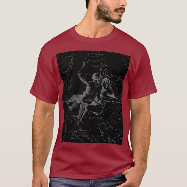 Camiseta Constelación de Gemini Hevelius 1690 sobre negro (Anverso)