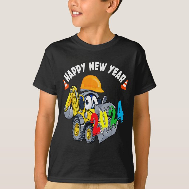 Camiseta Construction Excavator Happy New Year 2024 For Boy (Anverso)