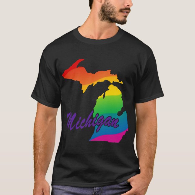Camiseta Contorno de estado arcoiris Michigan (Anverso)