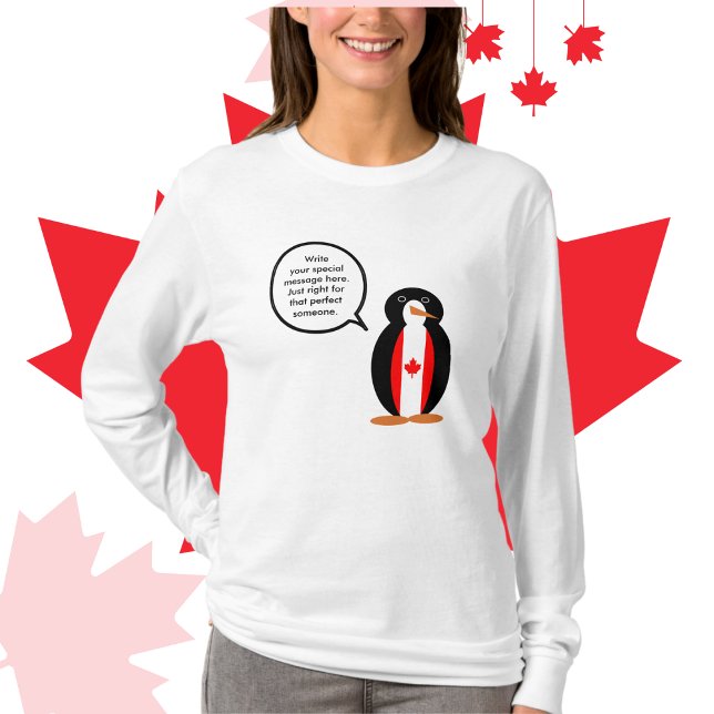 Camiseta Conversación canadiense a la Sra. Penguin Personal (Women's sweatshirt shows Ms. Penguin wearing Canadian Flag. Talk bubble for personalized text.)