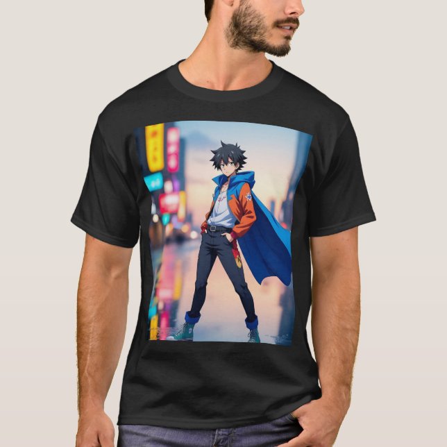 Camiseta Cool Anime Boy in Neon City – Stylish Anime Charac (Anverso)
