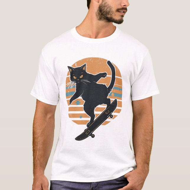 Camiseta Cool Black Cat Skateboarder Retro 80s Sunset Graph (Anverso)