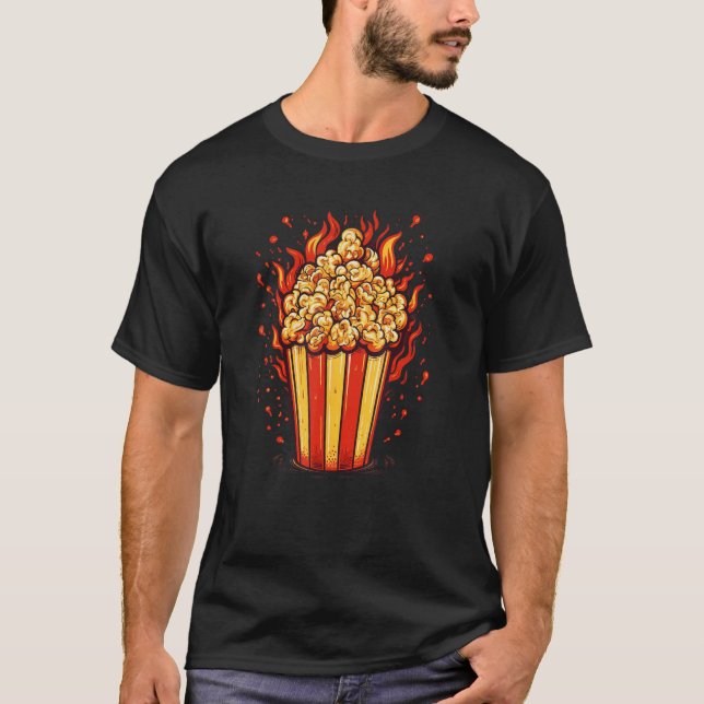 Camiseta Cool burning Popcorn in red Box with Flames (Anverso)