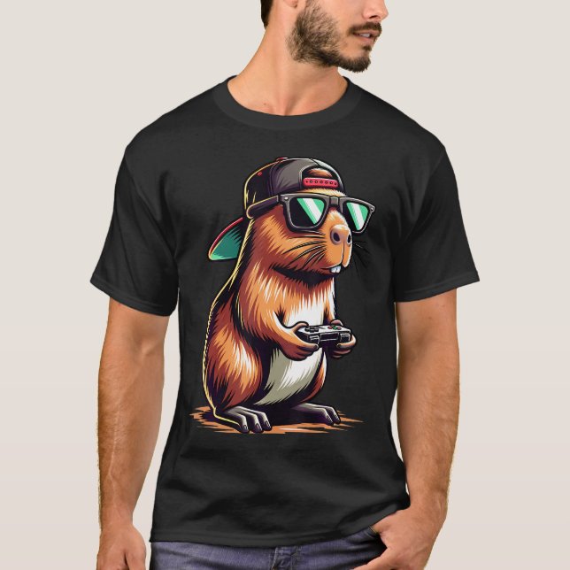 Camiseta Cool Capybara Playing Video Games. Funny Gamer Cap (Anverso)