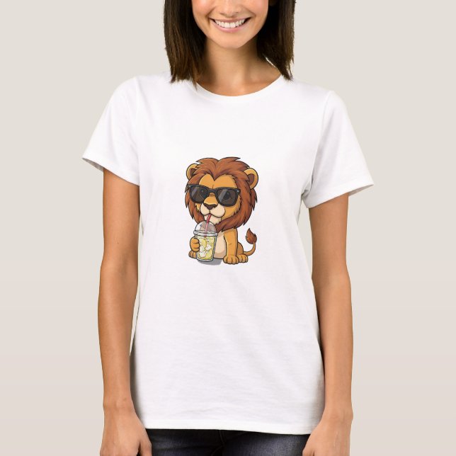 Camiseta Cool Cartoon Lion Drinking Iced Lemonade (Anverso)