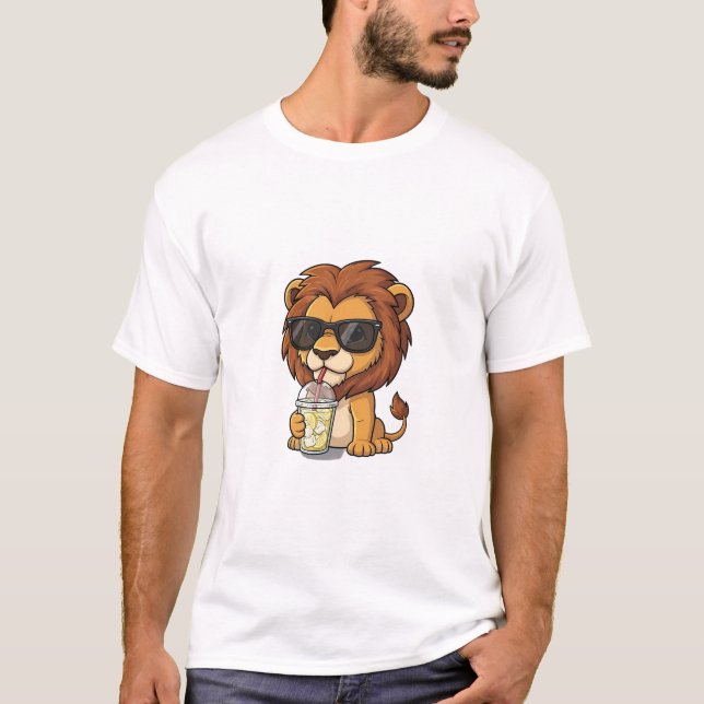 Camiseta Cool Cartoon Lion Drinking Iced Lemonade (Anverso)