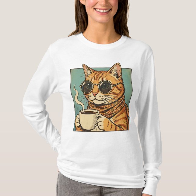 Camiseta Cool Cat Coffee Retro Style Design for Cat Lovers (Anverso)