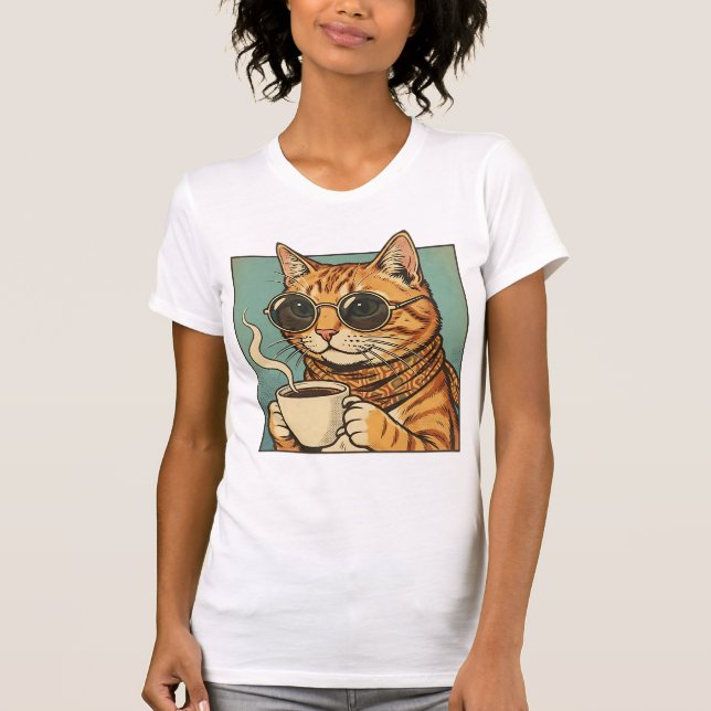 Camiseta Cool Cat Coffee Retro Style Design for Cat Lovers (Anverso)