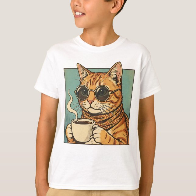 Camiseta Cool Cat Coffee Retro Style Design for Cat Lovers (Anverso)