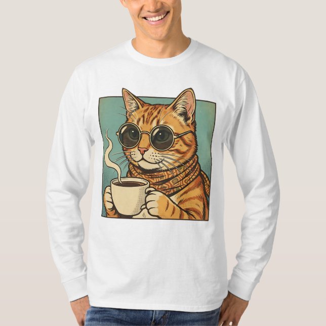 Camiseta Cool Cat Coffee Retro Style Design for Cat Lovers (Anverso)