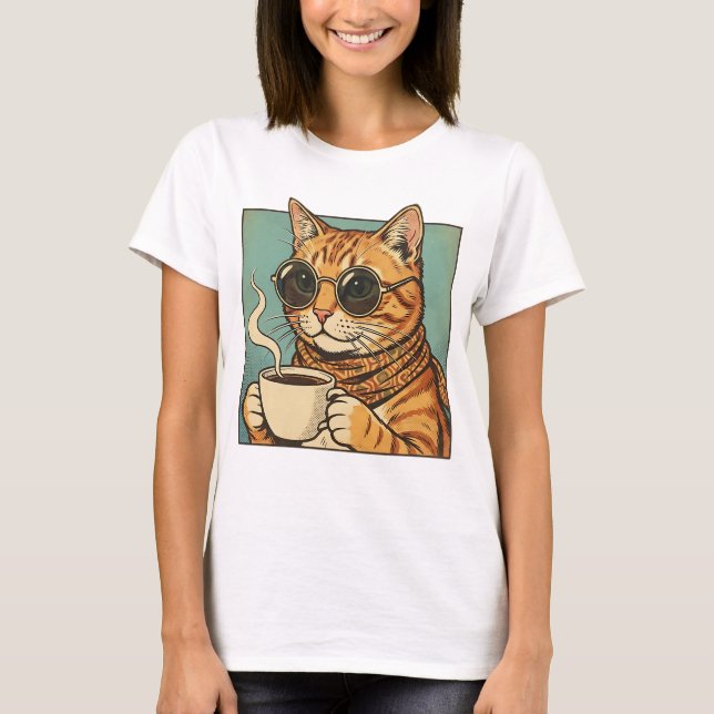 Camiseta Cool Cat Coffee Retro Style Design for Cat Lovers (Anverso)