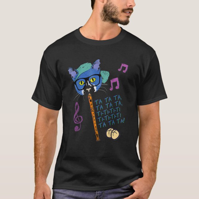 Camiseta Cool Cat Playing Hot Cross Buns On Recorder   Elem (Anverso)