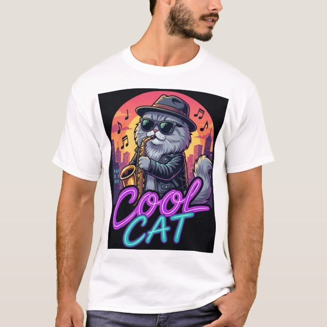 Camiseta Cool Cat Saxophone – Retro Neon 90s Jazz Cat Desig (Anverso)