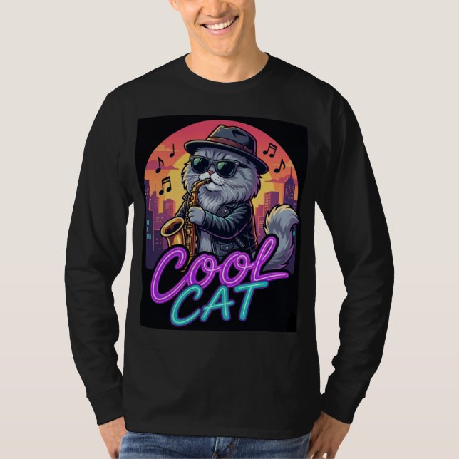 Camiseta Cool Cat Saxophone – Retro Neon 90s Jazz Cat Desig (Anverso)