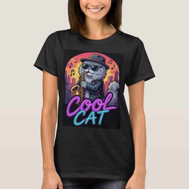 Camiseta Cool Cat Saxophone –Retro Neon 90s Jazz Cat Design (Anverso)