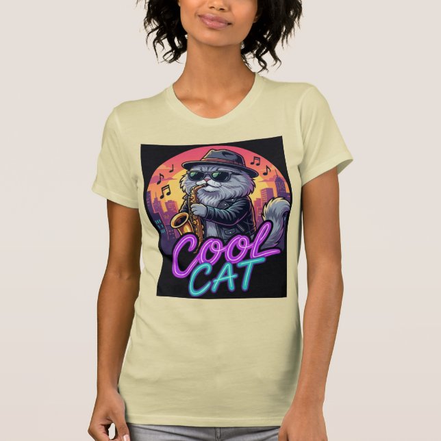 Camiseta Cool Cat Saxophone –Retro Neon 90s Jazz Cat Design (Anverso)