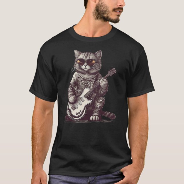 Camiseta Cool Guitar Playing Cat with Glasses - Band Rock G (Anverso)