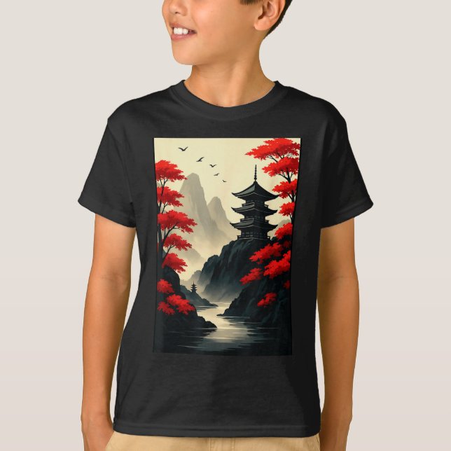 Camiseta Cool Japanese Pagoda Castle Mountain Landscape Gra (Anverso)