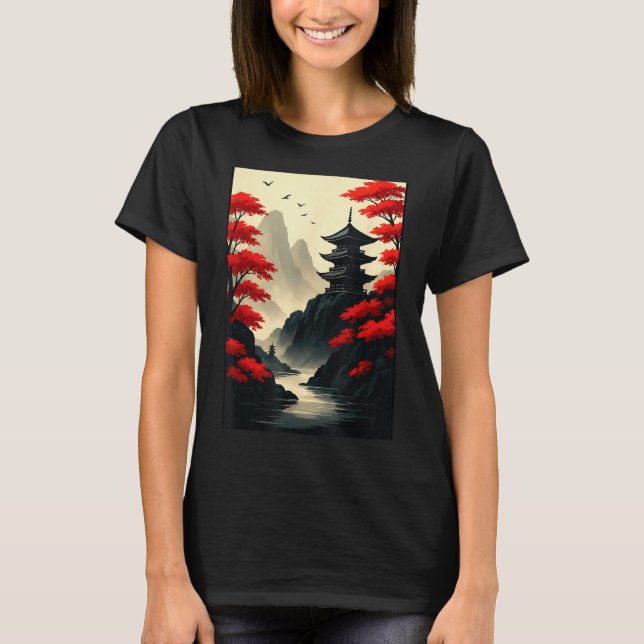 Camiseta Cool Japanese Pagoda Castle Mountain Landscape Gra (Anverso)
