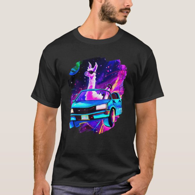 Camiseta Cool Llama Driving Sports Car In Space Alpaca  Lla (Anverso)