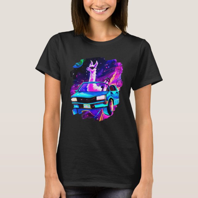 Camiseta Cool Llama Driving Sports Car In Space Alpaca  Lla (Anverso)