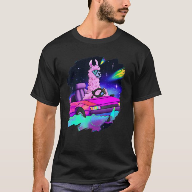 Camiseta Cool Llama Driving Sports Car In Space Alpaca  Lla (Anverso)
