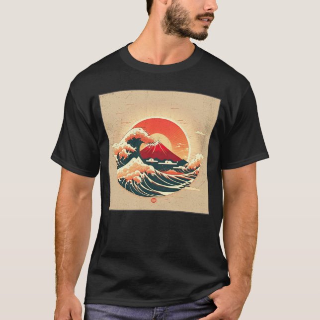 Camiseta Cool Mt Fuji Big Waves Illustration Sea Sunset Wom (Anverso)