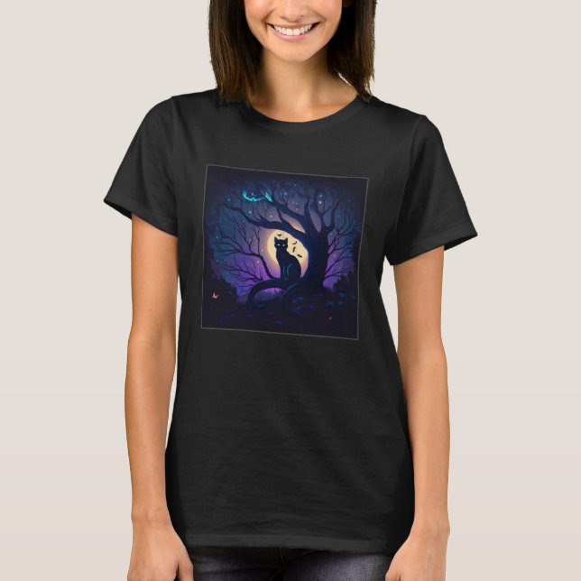 Camiseta Cool Night Cat Illustration Moon Tree Unique Women (Anverso)